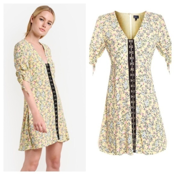 Topshop Dresses & Skirts - TOPSHOP Yellow Floral Print Hook Front Dress